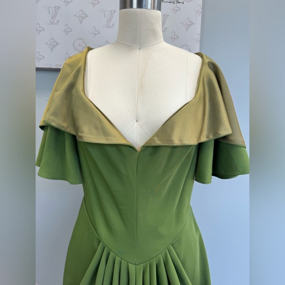 Unique Vintage Olive and Khaki Draped Maxi Dress - Picture 2 of 6